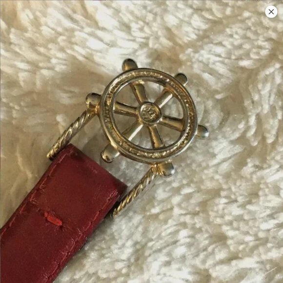 Vintage Red Genuine Leather Novelty Belt With Gold Nautical Ship Wheel Buckle - Picture 6 of 13